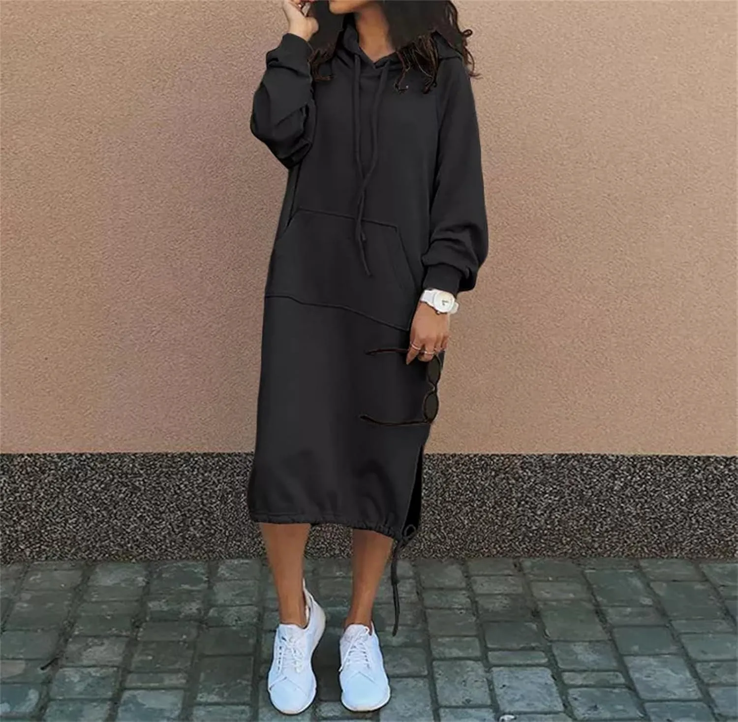 Women Maxi Hoodies Dress Casual Long Dresses Fashion Split Hem Drawstring Hooded Long Sleeve Sweatshirt with Pockets