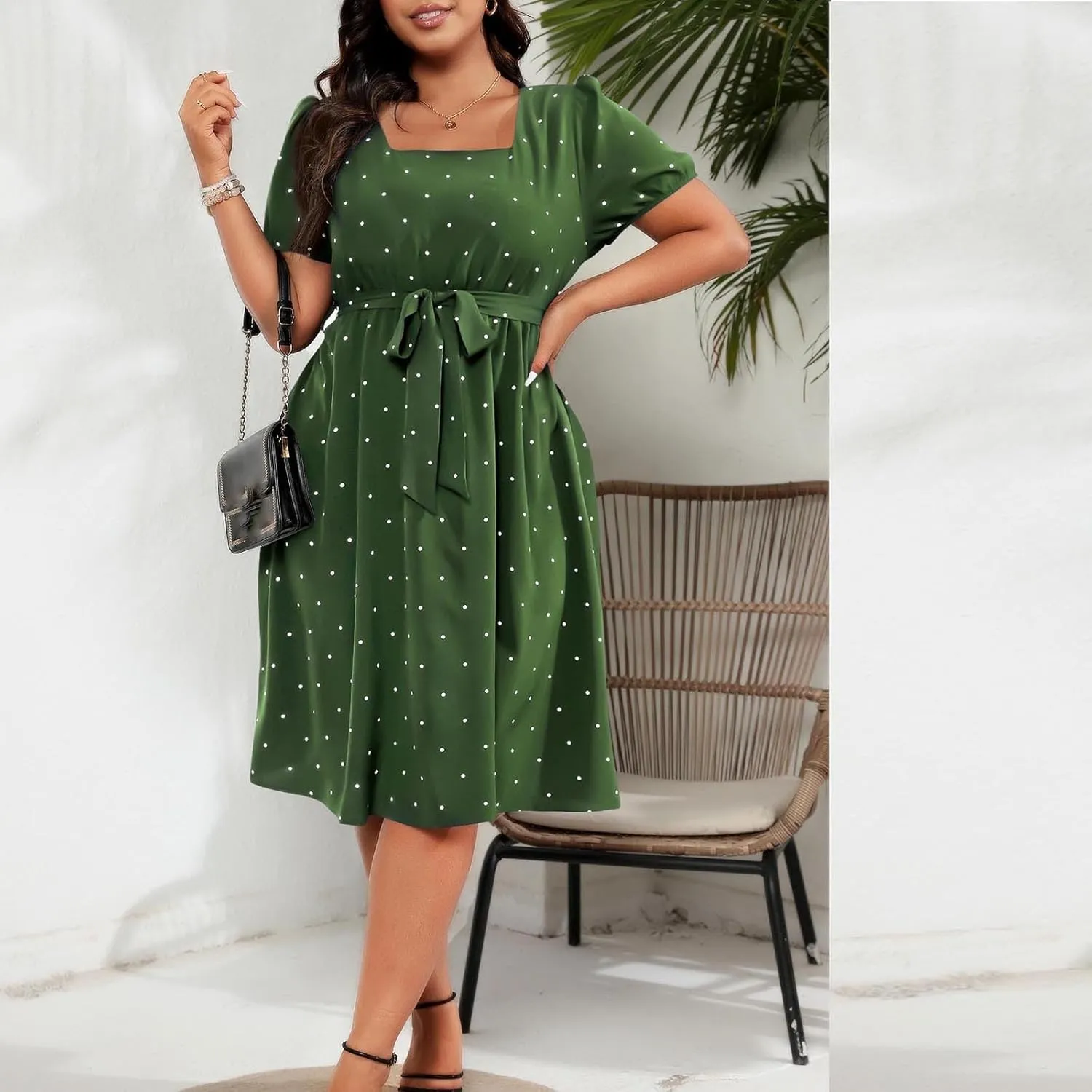 Women Plus Size Wedding Cocktail Midi Dress Summer Polka Dot Puff Sleeve Square Neck Belted A-Line Flowy Dresses
