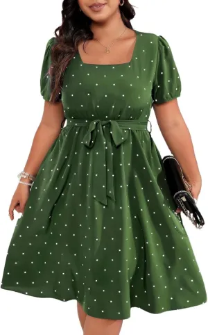 Women Plus Size Wedding Cocktail Midi Dress Summer Polka Dot Puff Sleeve Square Neck Belted A-Line Flowy Dresses
