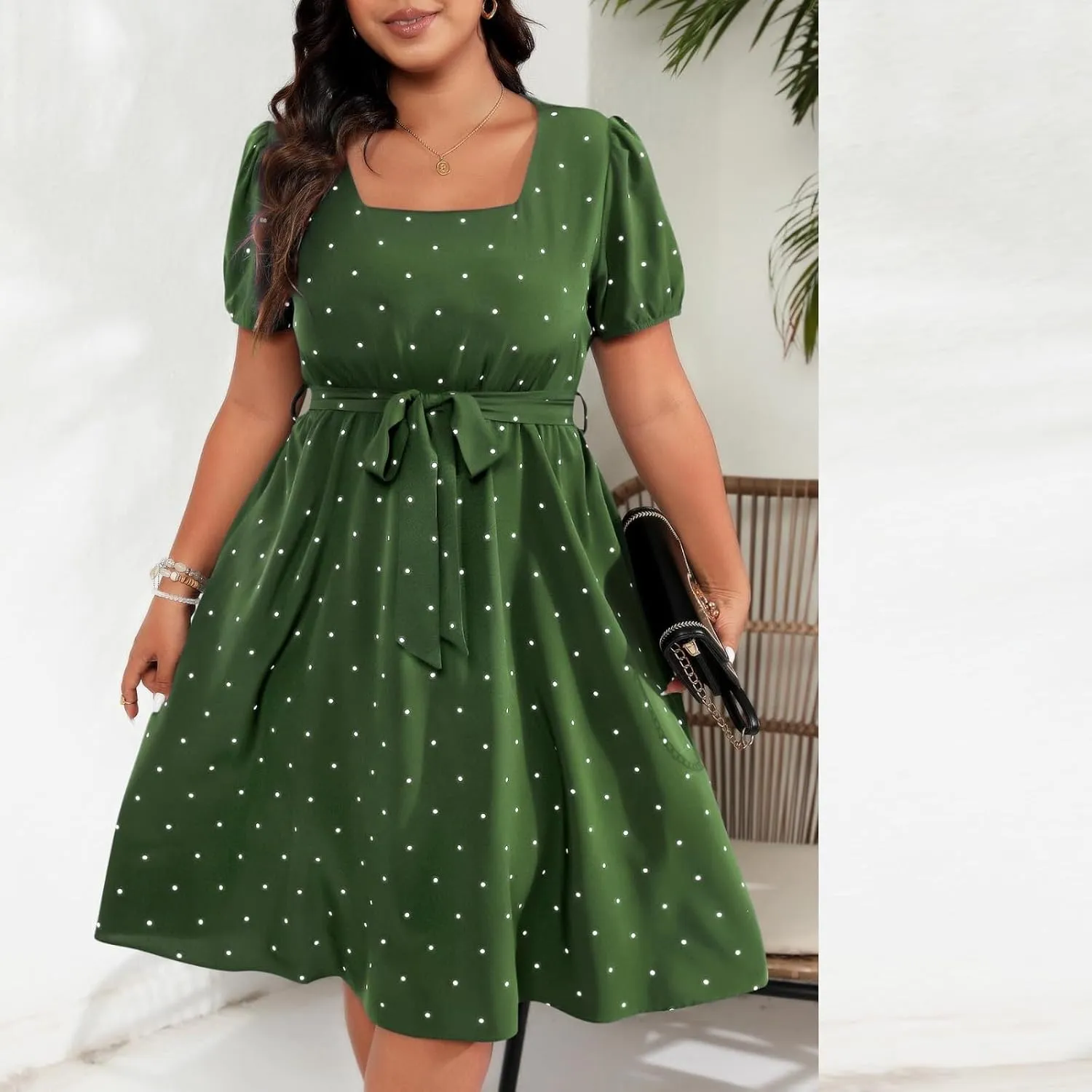 Women Plus Size Wedding Cocktail Midi Dress Summer Polka Dot Puff Sleeve Square Neck Belted A-Line Flowy Dresses