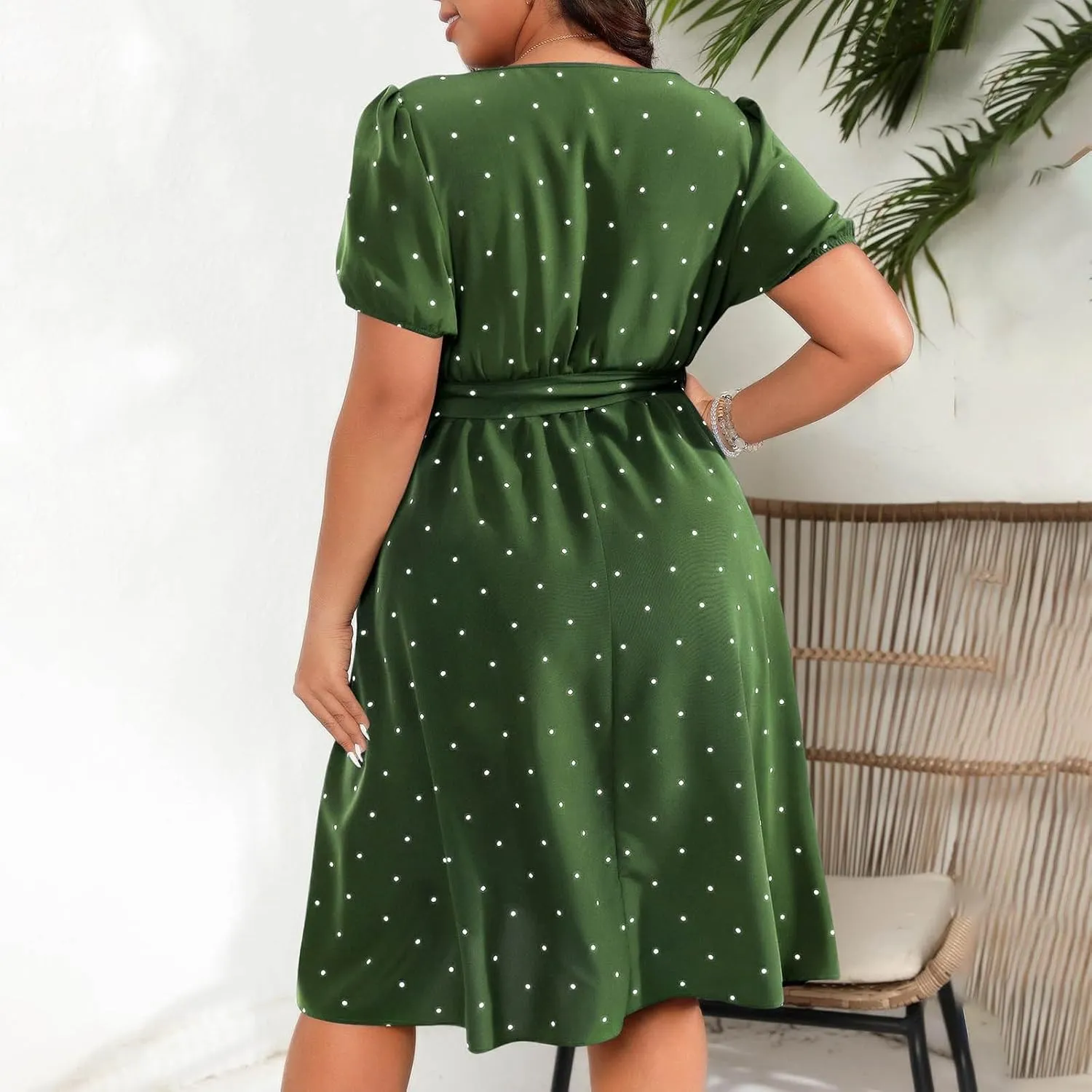 Women Plus Size Wedding Cocktail Midi Dress Summer Polka Dot Puff Sleeve Square Neck Belted A-Line Flowy Dresses