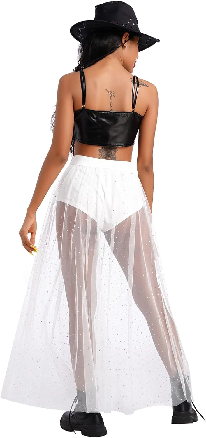 Women Shiny Stars Rave Skirt Flowy Mesh Tulle Maxi Skirts with Booty Bottoms Music Festival Clothes Halloween Costume