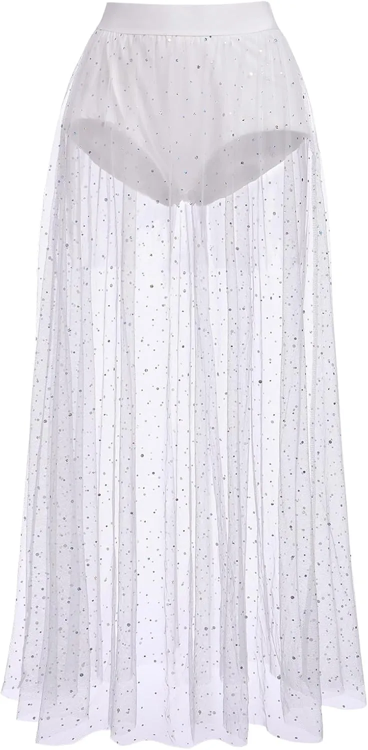 Women Shiny Stars Rave Skirt Flowy Mesh Tulle Maxi Skirts with Booty Bottoms Music Festival Clothes Halloween Costume