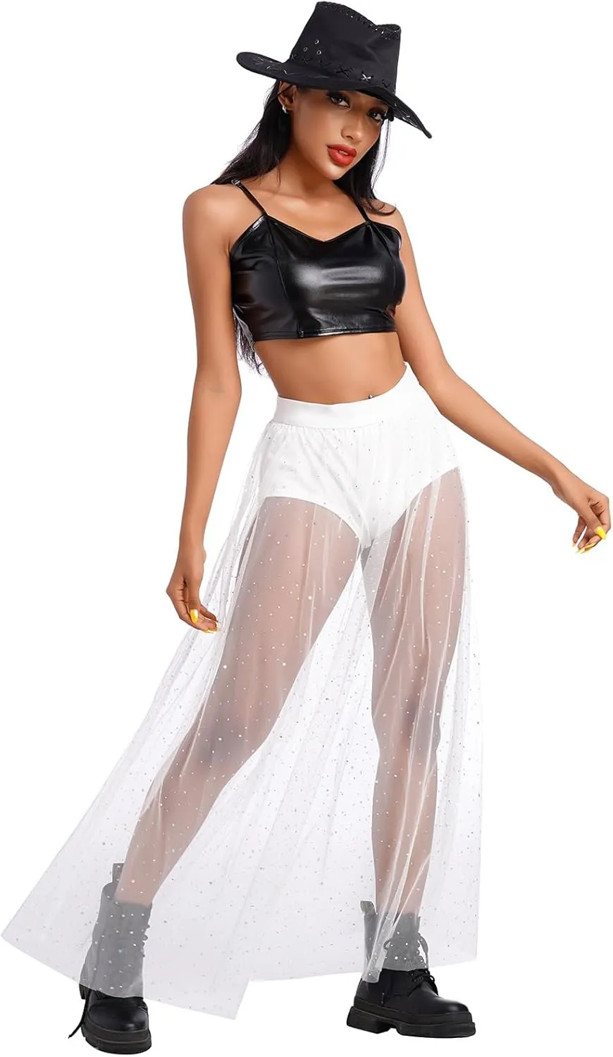 Women Shiny Stars Rave Skirt Flowy Mesh Tulle Maxi Skirts with Booty Bottoms Music Festival Clothes Halloween Costume