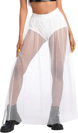 Women Shiny Stars Rave Skirt Flowy Mesh Tulle Maxi Skirts with Booty Bottoms Music Festival Clothes Halloween Costume