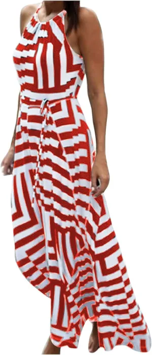 Women Spaghetti Strap Striped Sundress Sleeveless Tie Waist Maxi Dress Summer Smocked Flowy Trendy Boho Dresses 2024