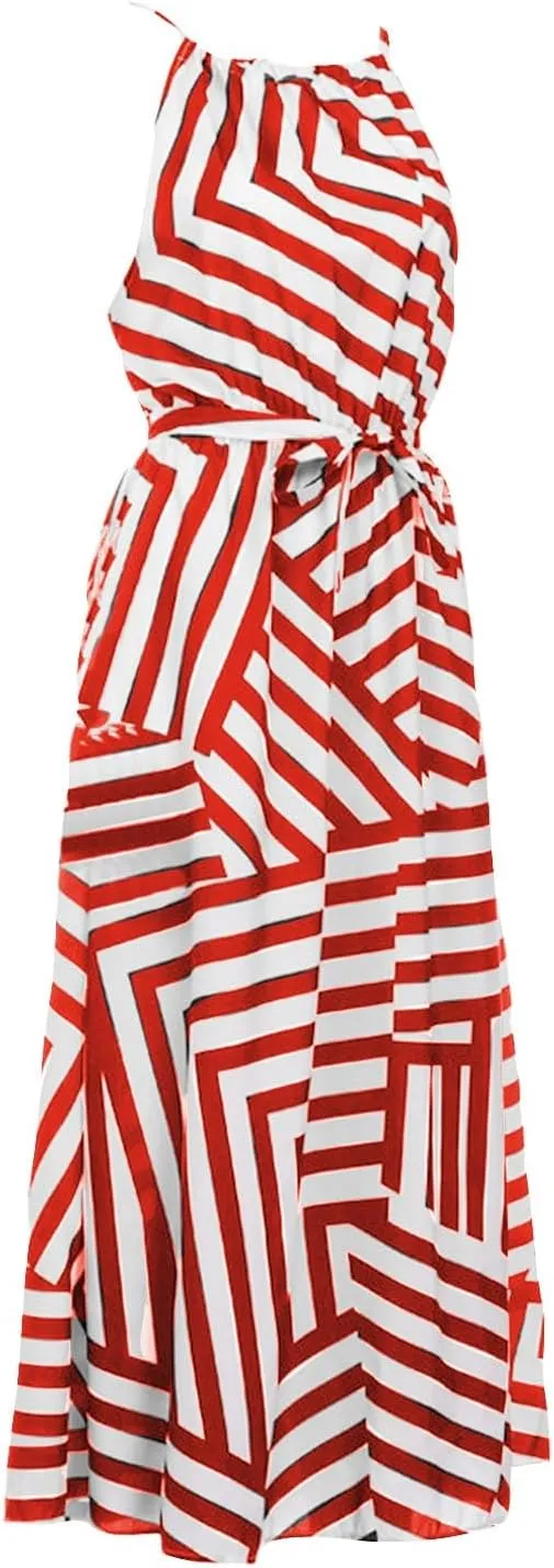 Women Spaghetti Strap Striped Sundress Sleeveless Tie Waist Maxi Dress Summer Smocked Flowy Trendy Boho Dresses 2024
