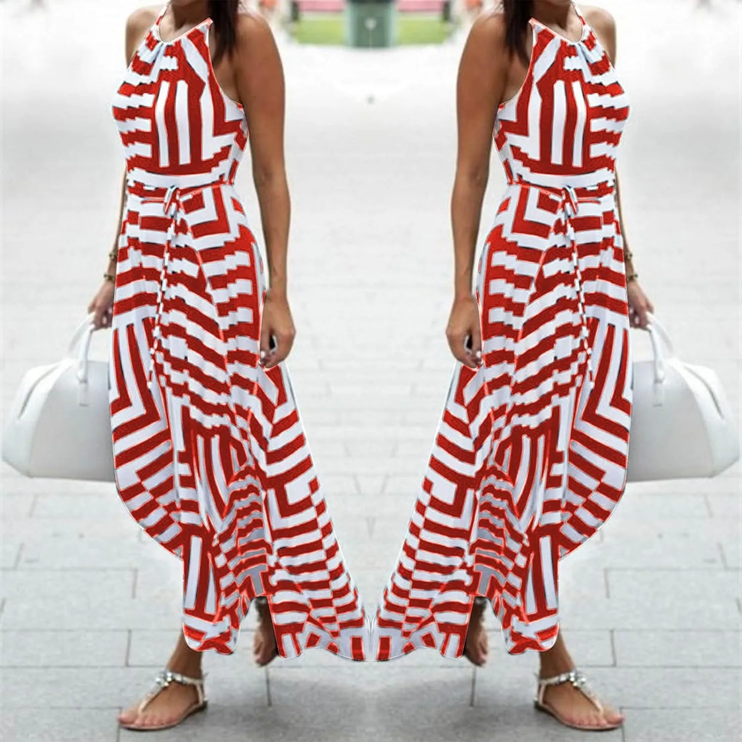 Women Spaghetti Strap Striped Sundress Sleeveless Tie Waist Maxi Dress Summer Smocked Flowy Trendy Boho Dresses 2024