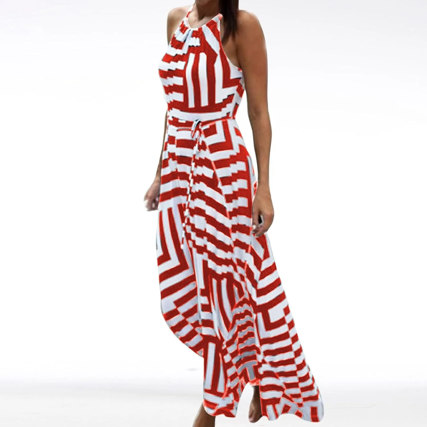 Women Spaghetti Strap Striped Sundress Sleeveless Tie Waist Maxi Dress Summer Smocked Flowy Trendy Boho Dresses 2024