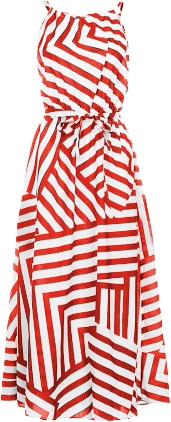 Women Spaghetti Strap Striped Sundress Sleeveless Tie Waist Maxi Dress Summer Smocked Flowy Trendy Boho Dresses 2024
