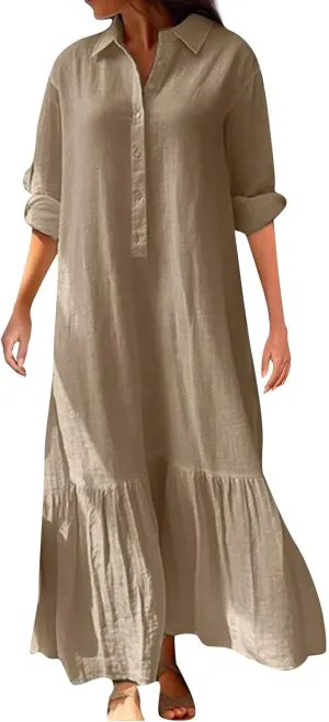 Women Spring Summer V Neck 3/4 Length Sleeve Maxi Dresses with Pockets Loose Cotton Linen Shirt Dress Casual Dress