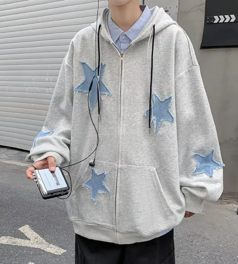 Women Star Graphic Zip Up Hoodies Sweatshirt Y2K Long Sleeve Hooded Jacket Tops Oversized Streetwear