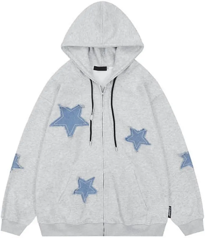 Women Star Graphic Zip Up Hoodies Sweatshirt Y2K Long Sleeve Hooded Jacket Tops Oversized Streetwear