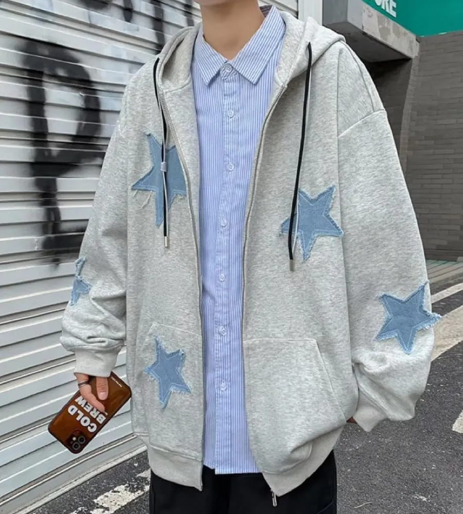 Women Star Graphic Zip Up Hoodies Sweatshirt Y2K Long Sleeve Hooded Jacket Tops Oversized Streetwear