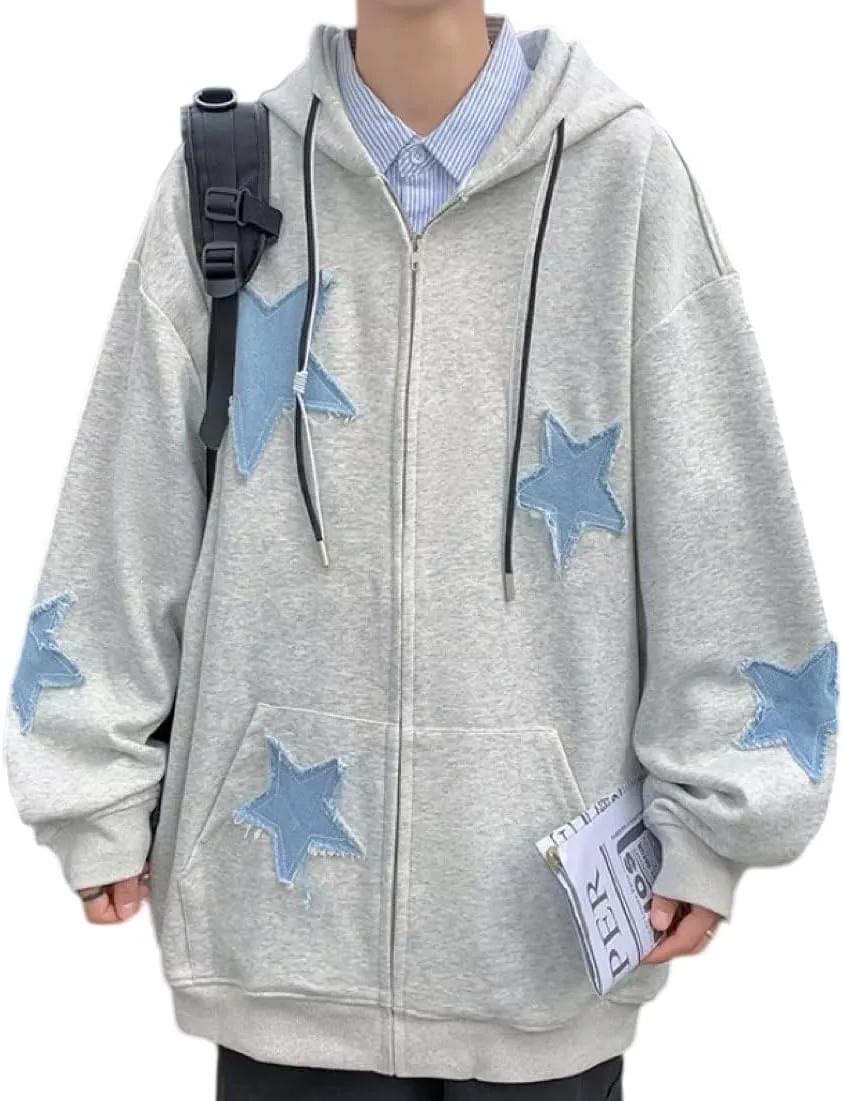 Women Star Graphic Zip Up Hoodies Sweatshirt Y2K Long Sleeve Hooded Jacket Tops Oversized Streetwear
