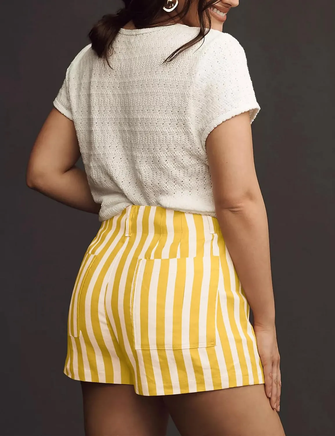 Women Striped Linen High Waisted Wide Leg Summer Casual Button Shorts 2024 Y2k Color Block Boxer Shorts with Pockets