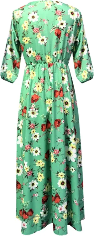 Women Summer Chiffon Bohemian Floral Dress Casual 3/4 Sleeve Maxi A-Line Pleated Swing Long Beach Vacation Sundress