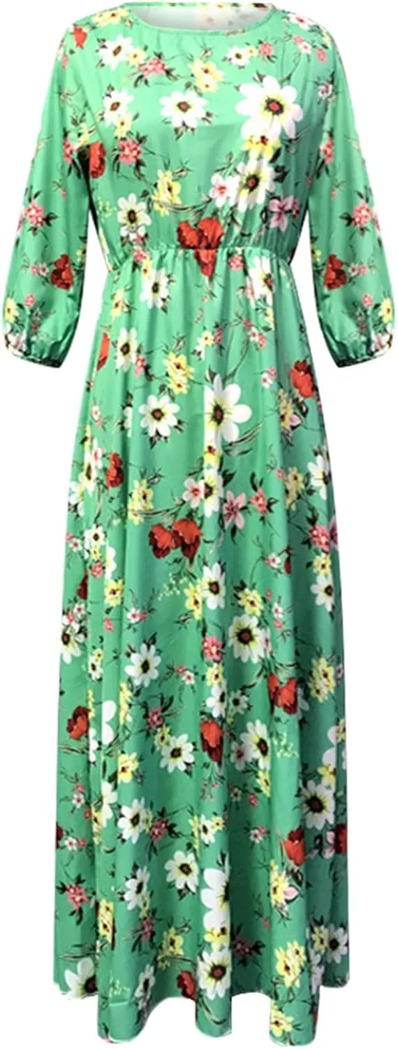 Women Summer Chiffon Bohemian Floral Dress Casual 3/4 Sleeve Maxi A-Line Pleated Swing Long Beach Vacation Sundress