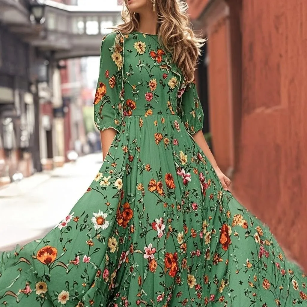 Women Summer Chiffon Bohemian Floral Dress Casual 3/4 Sleeve Maxi A-Line Pleated Swing Long Beach Vacation Sundress