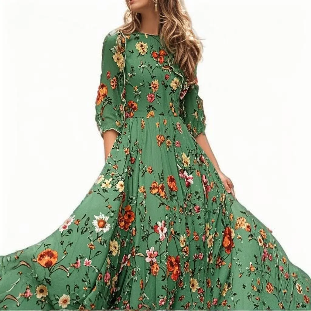 Women Summer Chiffon Bohemian Floral Dress Casual 3/4 Sleeve Maxi A-Line Pleated Swing Long Beach Vacation Sundress