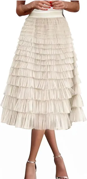 Women Tiered Layered Ruffle Skirts High Waist Elegant Midi Length Skirt Cute A Line Cake Skirts fir Ladies