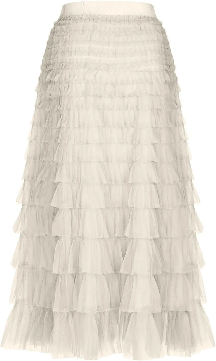 Women Tiered Layered Ruffle Skirts High Waist Elegant Midi Length Skirt Cute A Line Cake Skirts fir Ladies