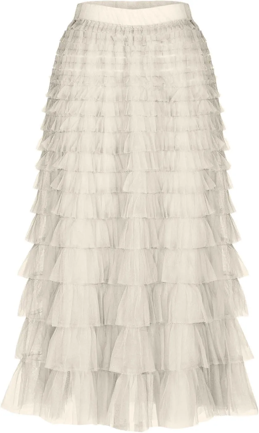 Women Tiered Layered Ruffle Skirts High Waist Elegant Midi Length Skirt Cute A Line Cake Skirts fir Ladies