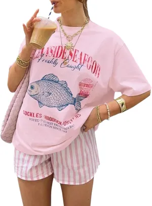 Women Vintage Oceanside Seafood Graphic Letter Print Aesthetics Short Sleeves Oversized Tee T-Shirt