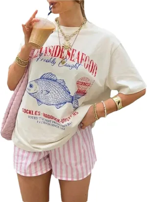 Women Vintage Oceanside Seafood Graphic Letter Print Aesthetics Short Sleeves Oversized Tee T-Shirt