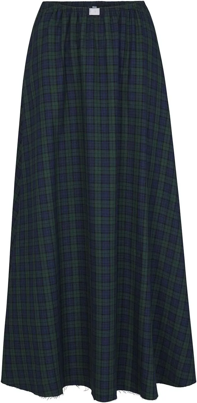 Women Vintage Plaid Maxi Skirt Elastic Waist Low Rise Gingham A Line Long Skirt Y2K Retro Swing Flowy Skirt Beachwear