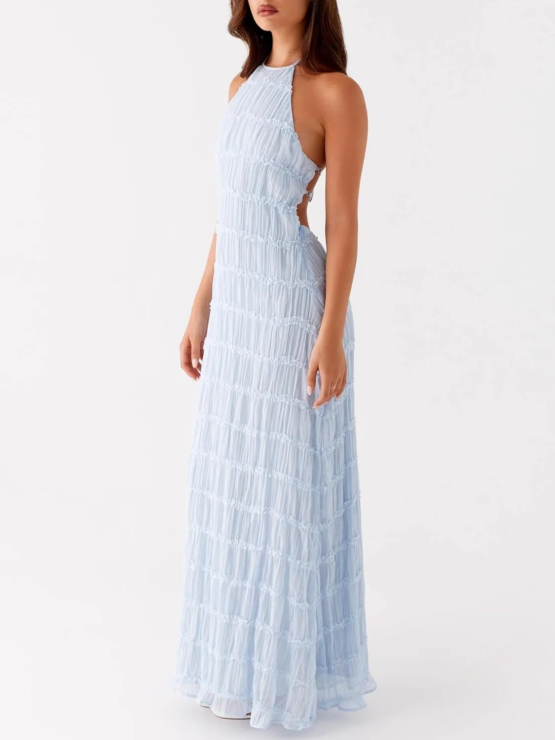 Women Y2k Backless Long Dress Halter Tie Neck Maxi Dress Flowy Beach Sundress Going Out Streetwear
