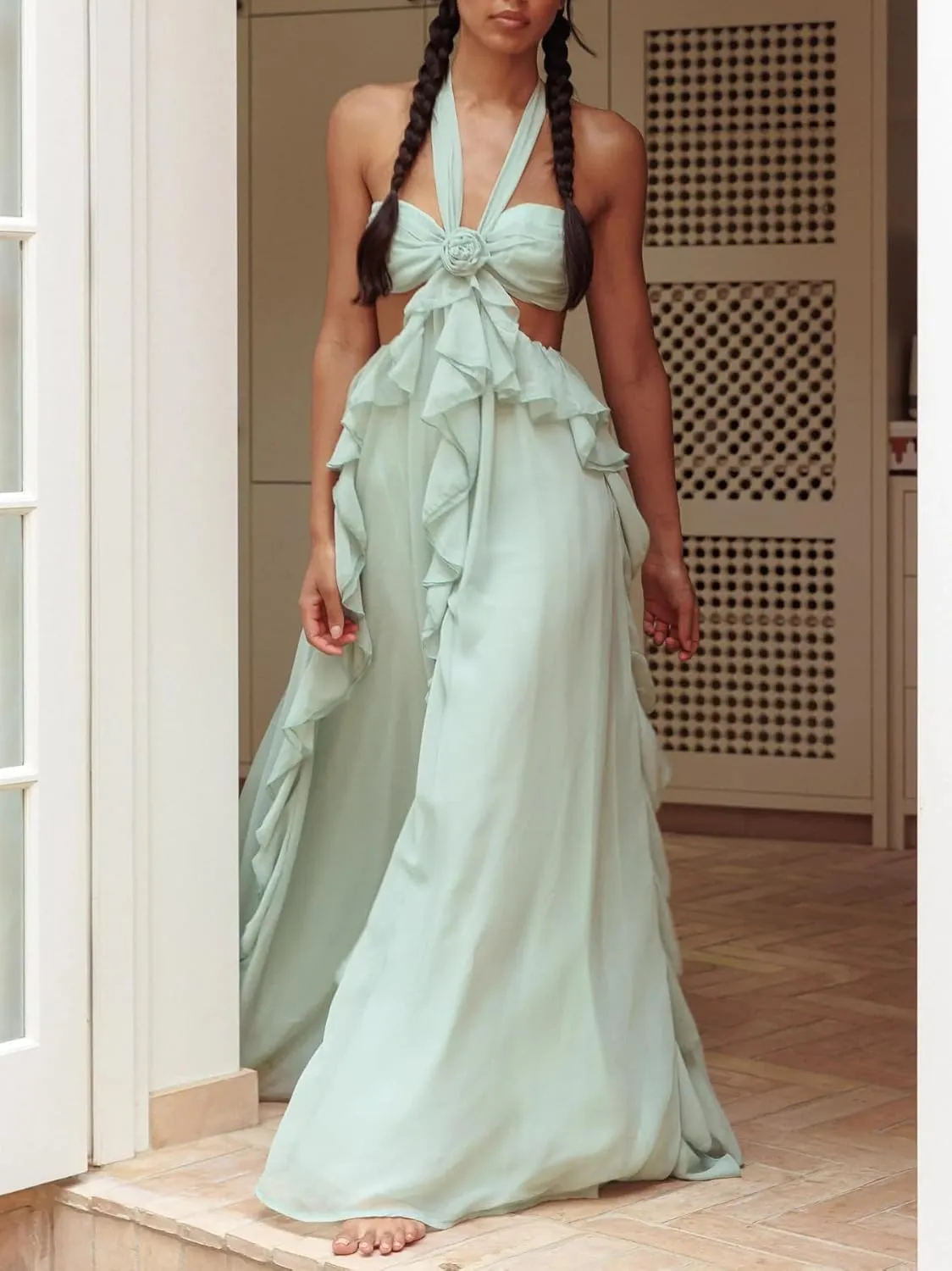 Women Y2k Backless Long Dress Halter Tie Neck Maxi Dress Flowy Beach Sundress Going Out Streetwear