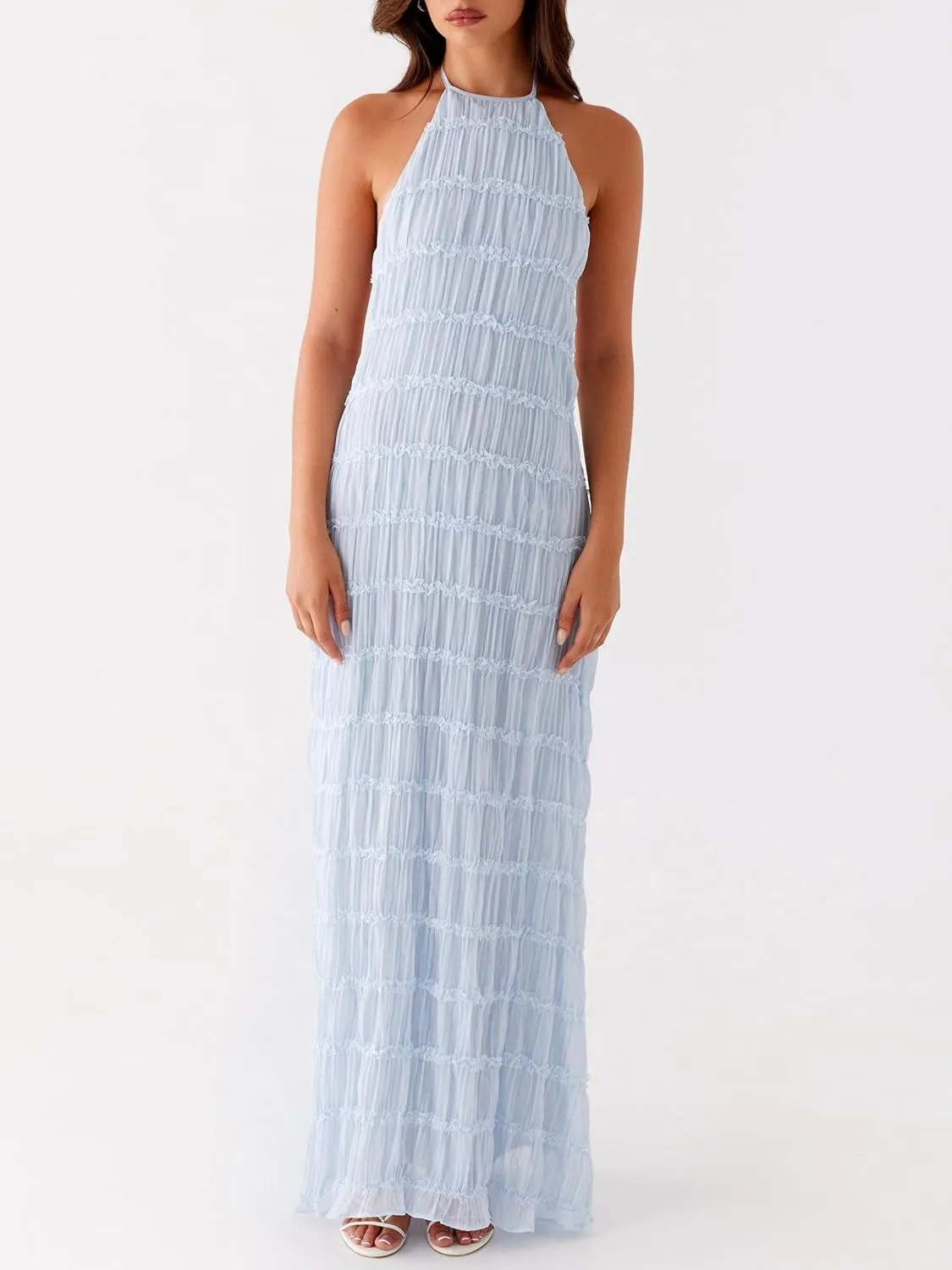 Women Y2k Backless Long Dress Halter Tie Neck Maxi Dress Flowy Beach Sundress Going Out Streetwear
