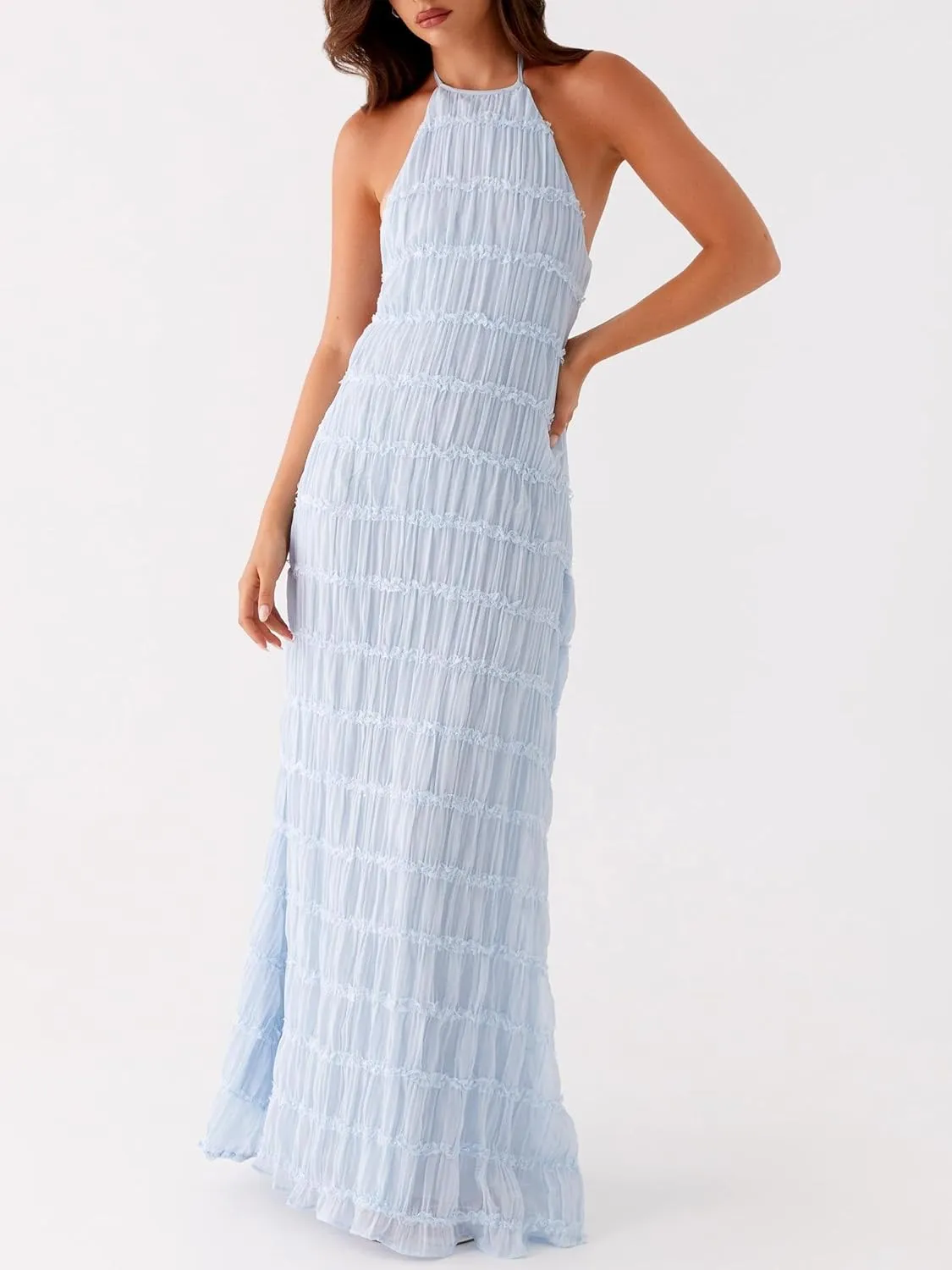 Women Y2k Backless Long Dress Halter Tie Neck Maxi Dress Flowy Beach Sundress Going Out Streetwear