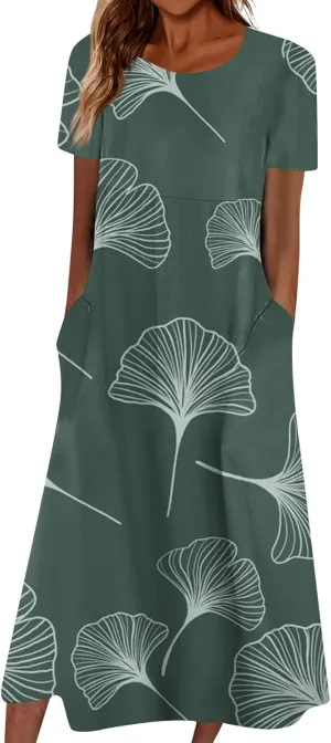 Women's 2024 Fashion Casual Print Plus Size Basic Dresses O Neck Flowy Summer Short Sleeve Dress with Pockets