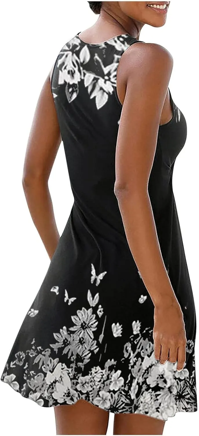 Womens 2024 Summer Dress Floral Print Crewneck Sleeveless Mini Dress Loose Casual Beach Vacation Sundress
