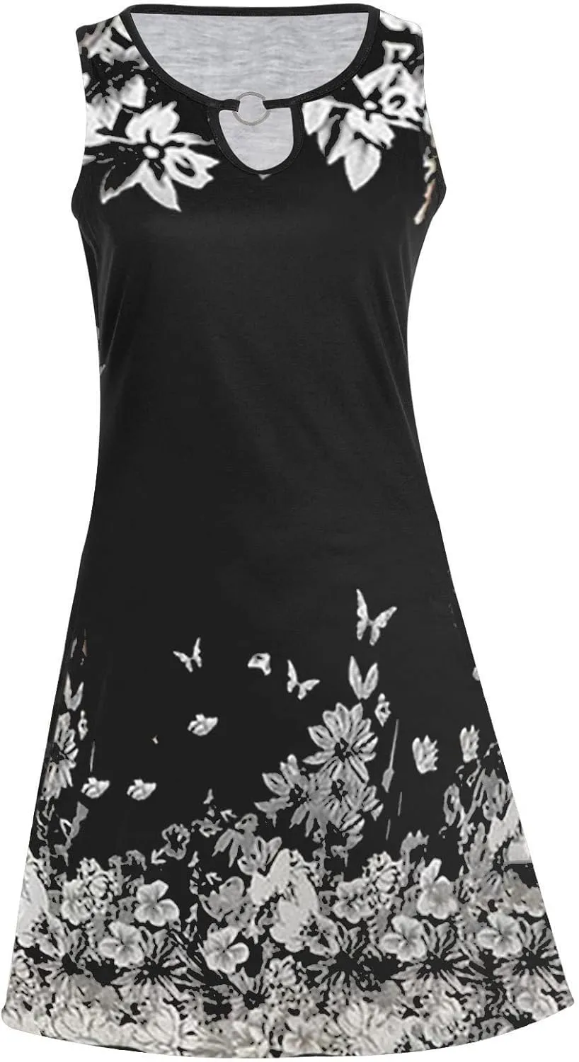 Womens 2024 Summer Dress Floral Print Crewneck Sleeveless Mini Dress Loose Casual Beach Vacation Sundress