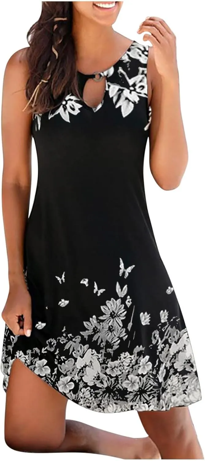 Womens 2024 Summer Dress Floral Print Crewneck Sleeveless Mini Dress Loose Casual Beach Vacation Sundress