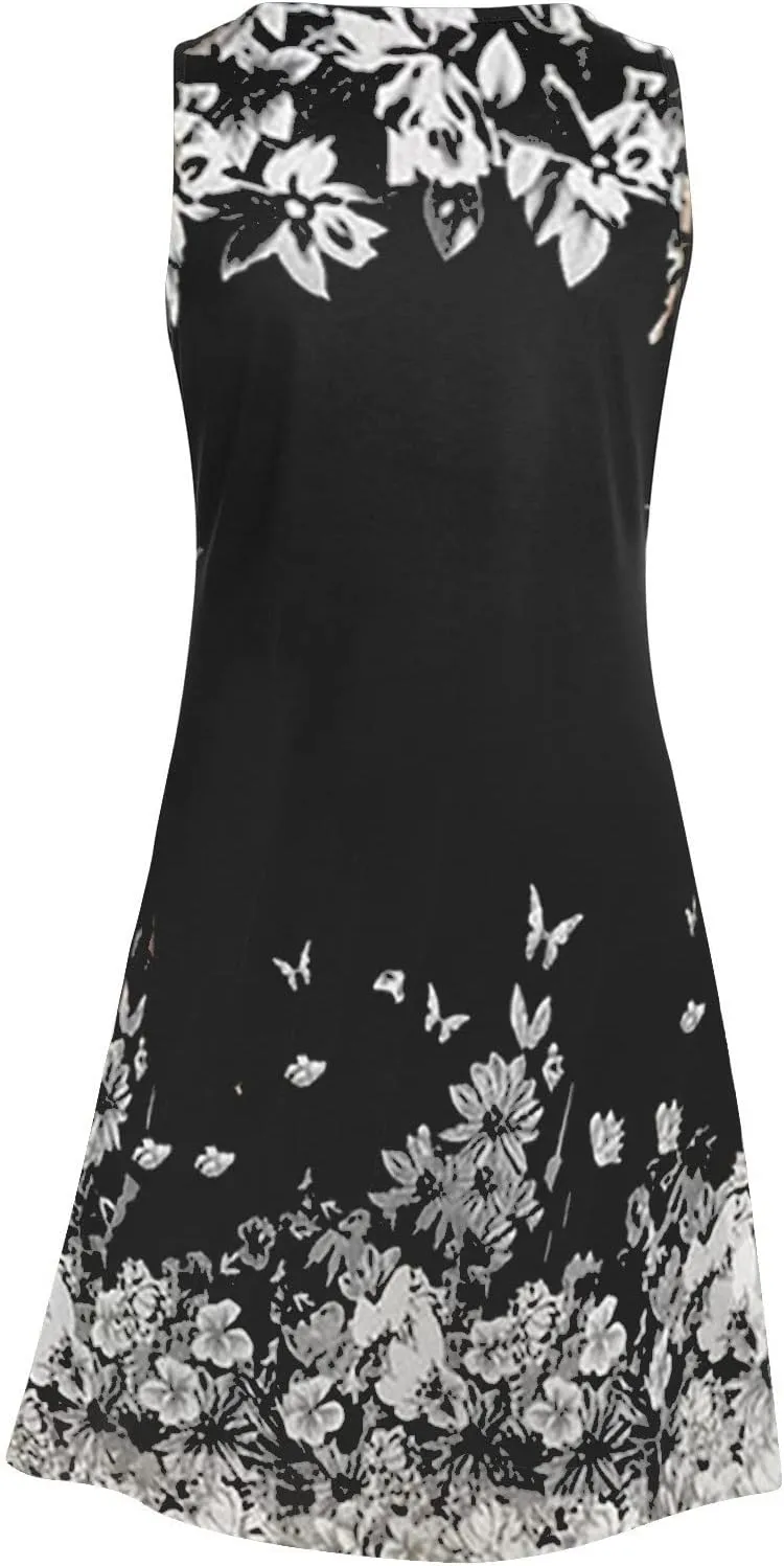 Womens 2024 Summer Dress Floral Print Crewneck Sleeveless Mini Dress Loose Casual Beach Vacation Sundress