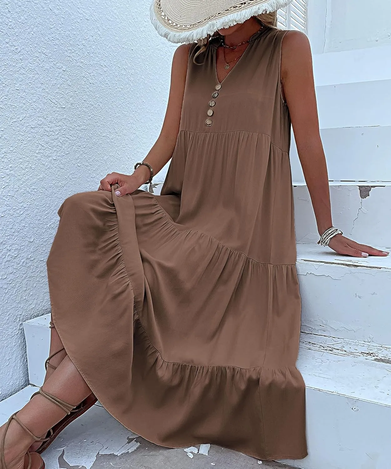 Womens 2025 Summer Dress Sleeveless V Neck Casual Dresses Loose Fit Flowy A Line Beach Sundresses