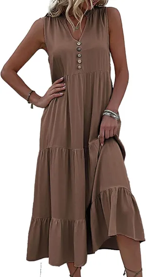 Womens 2025 Summer Dress Sleeveless V Neck Casual Dresses Loose Fit Flowy A Line Beach Sundresses