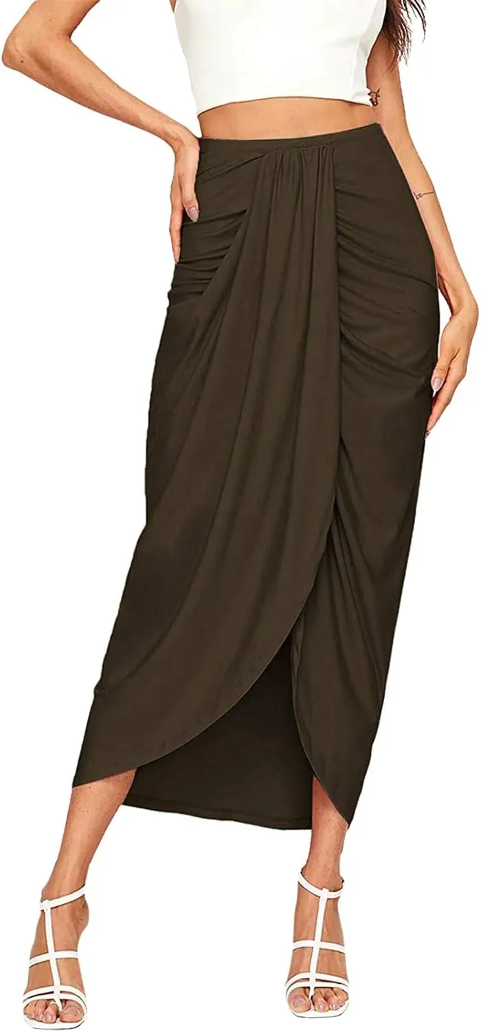 Womens A Line Midi Skirt Wrap Women's Draped Skirt High Waist Slit Solid Elastic Asymmetrical Skirts for Women
