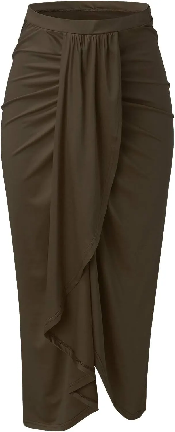 Womens A Line Midi Skirt Wrap Women's Draped Skirt High Waist Slit Solid Elastic Asymmetrical Skirts for Women
