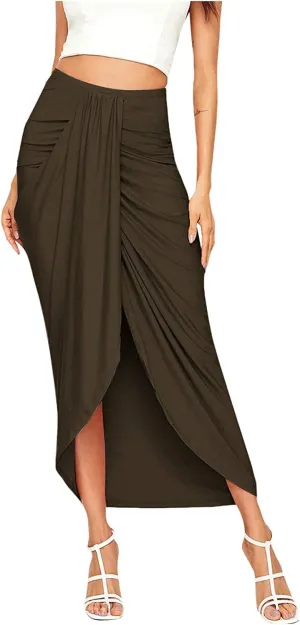 Womens A Line Midi Skirt Wrap Women's Draped Skirt High Waist Slit Solid Elastic Asymmetrical Skirts for Women