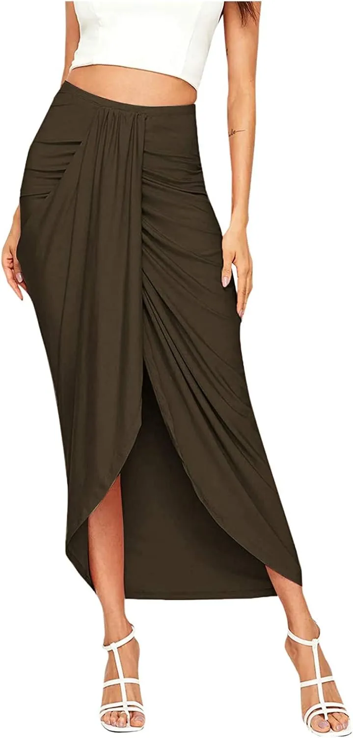 Womens A Line Midi Skirt Wrap Women's Draped Skirt High Waist Slit Solid Elastic Asymmetrical Skirts for Women
