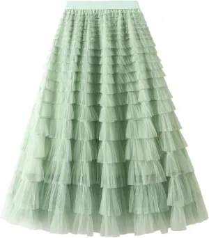 Women's A Line Pleated Skirt Long Tutu Skirt Ruffle Mesh Vintage Calf Length Chiffon High Waist Bubble Sporty