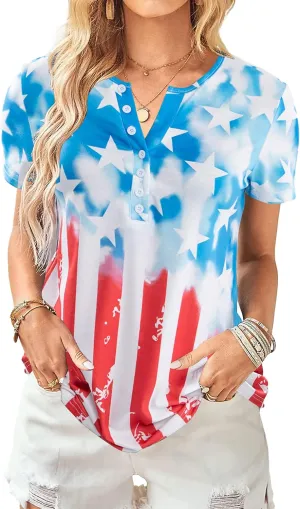 Womens American Flag Shirt Patriotic T-Shirt USA Flag Tee 4th of July Tees Vintage V Neck Shirt Summer Short Sleeve Tops
