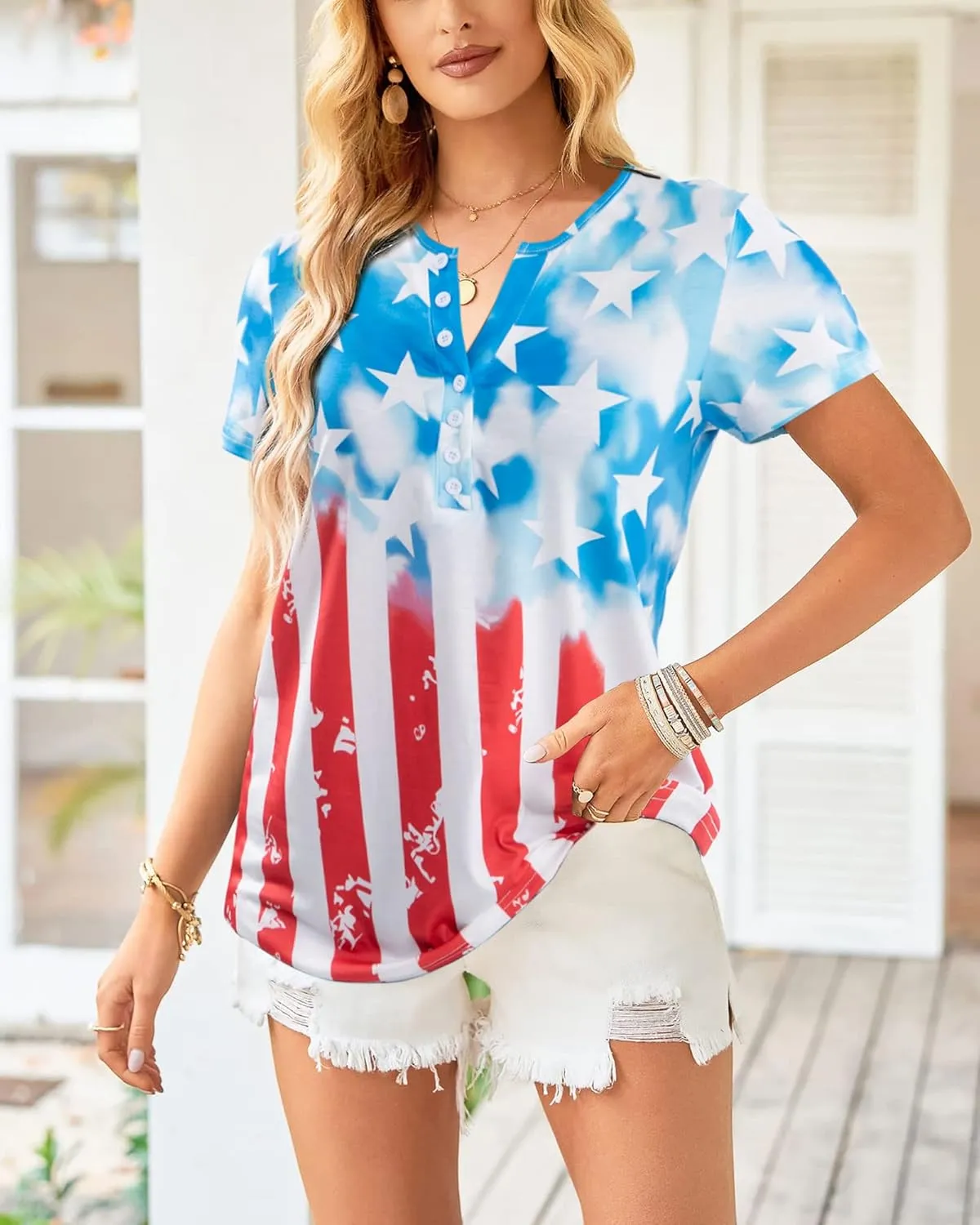 Womens American Flag Shirt Patriotic T-Shirt USA Flag Tee 4th of July Tees Vintage V Neck Shirt Summer Short Sleeve Tops