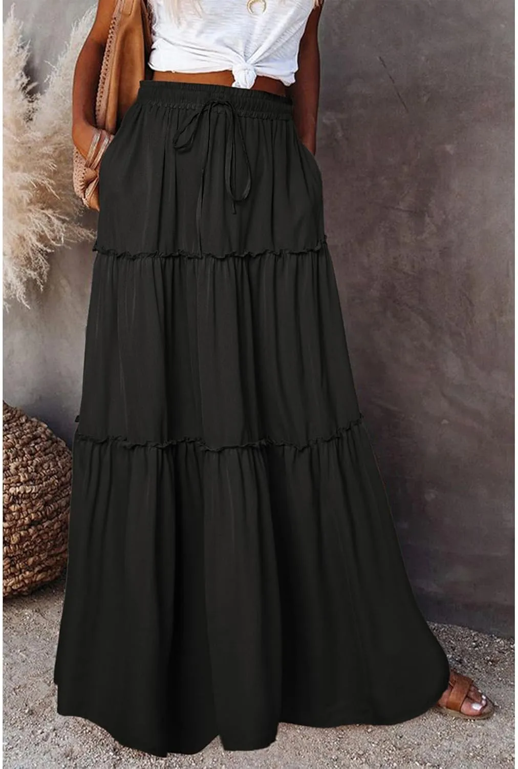 Womens Bohemian Long Maxi Skirt Elastic High Waist Flowy Swing A Line Ruffle Tiered Maxi Skirt Long Beach Skirts