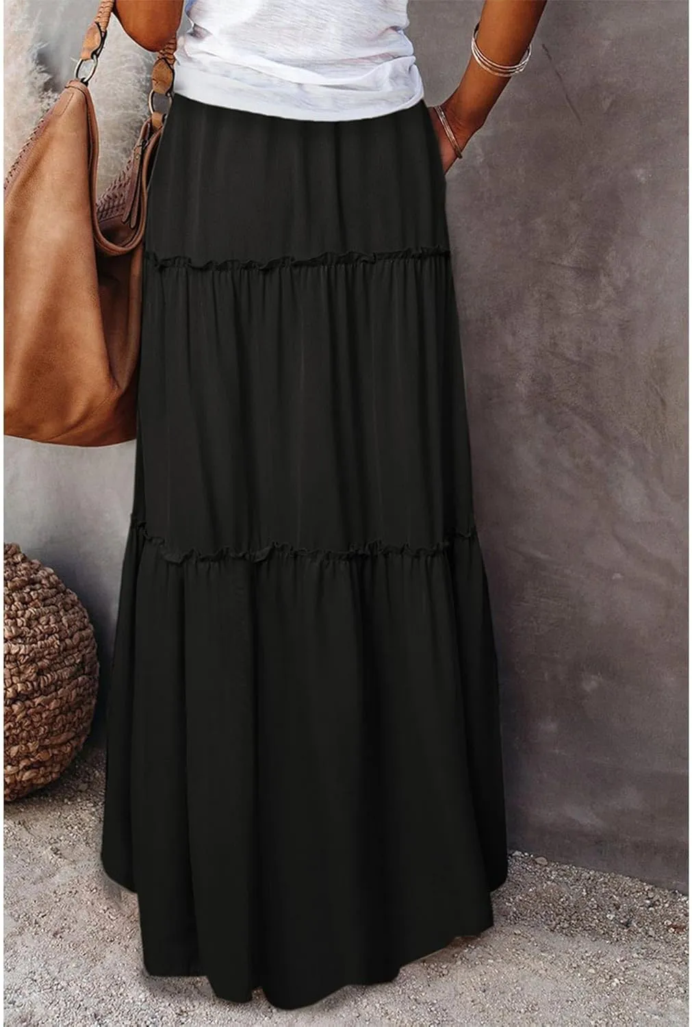 Womens Bohemian Long Maxi Skirt Elastic High Waist Flowy Swing A Line Ruffle Tiered Maxi Skirt Long Beach Skirts